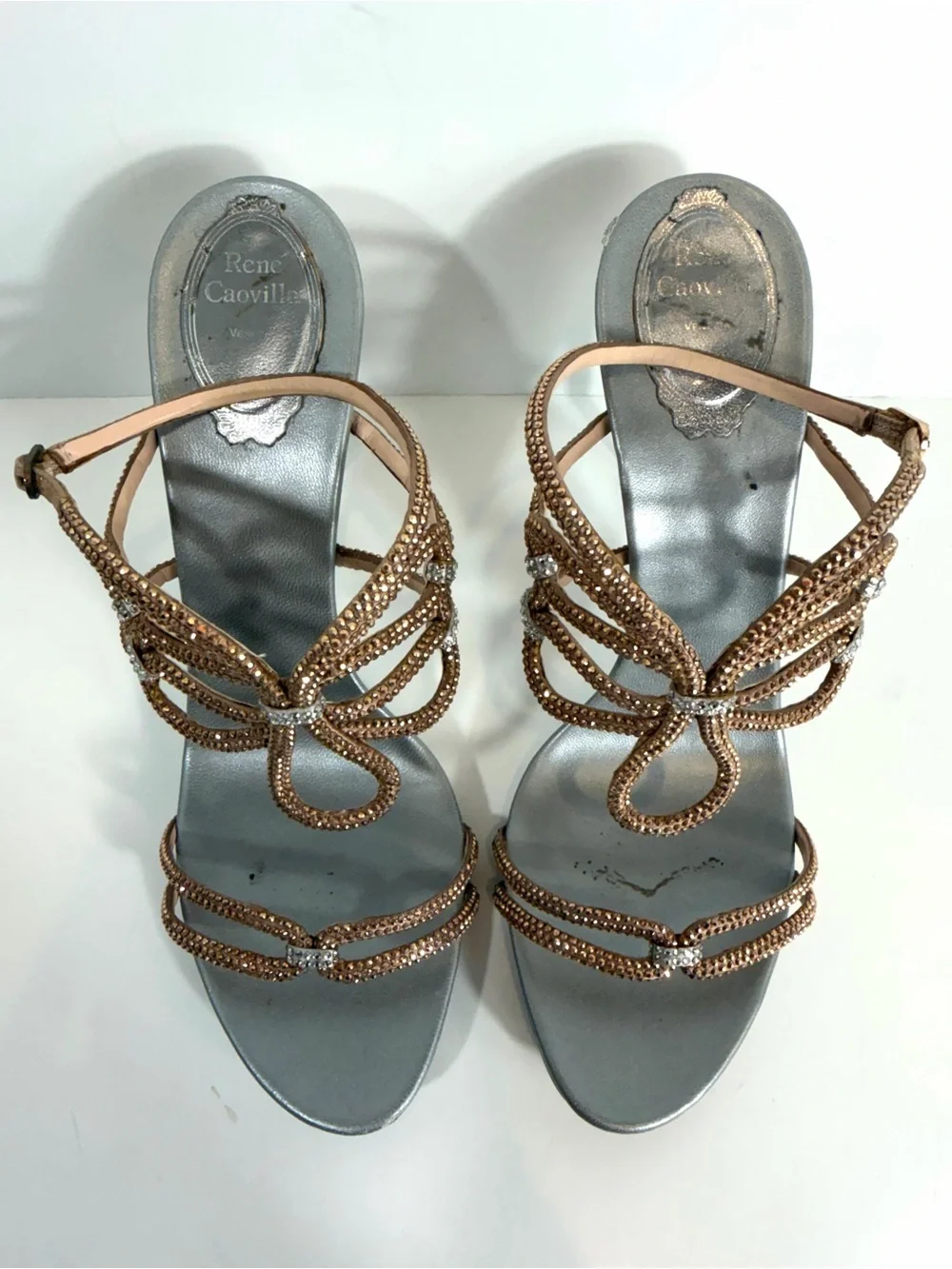 René Caovilla Crystal Butterfly Sandals 40.5 Rose Gold Gray Stiletto Heels Made